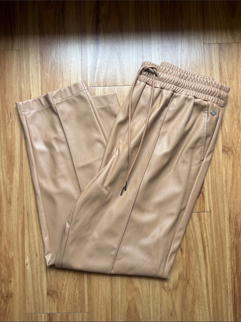 Calia Drawstring Faux Leather Pants in Light Brown